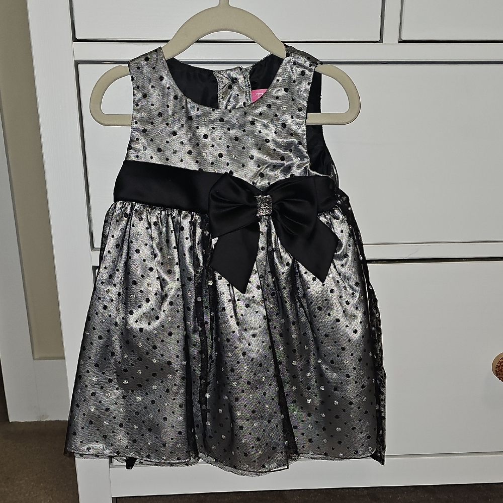Silver and Black Polka Dot Dress with Bow
